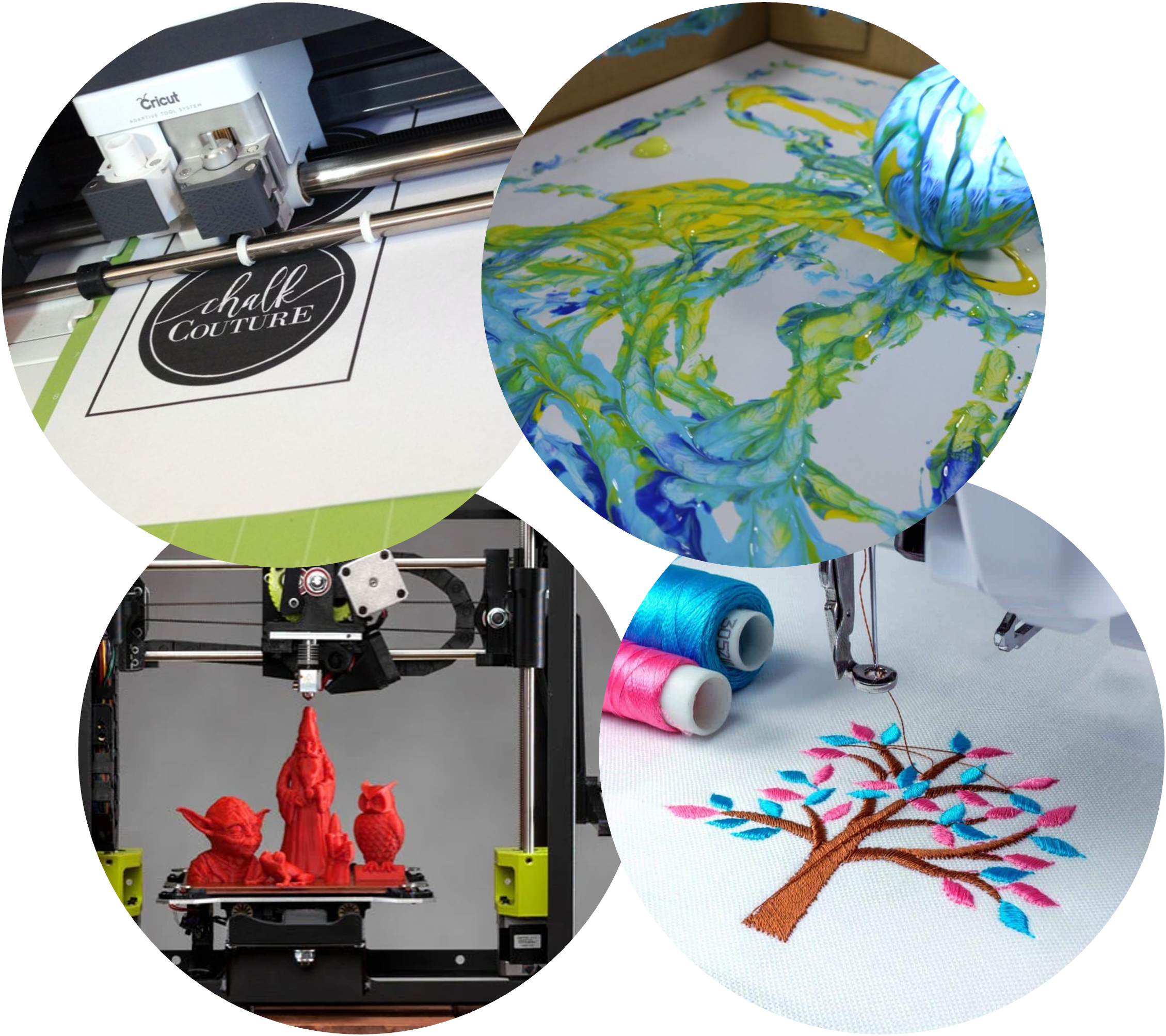 Photo d'une imprimante 3D, d'une machine Cricut, d'un sphero et d'une machine à broder