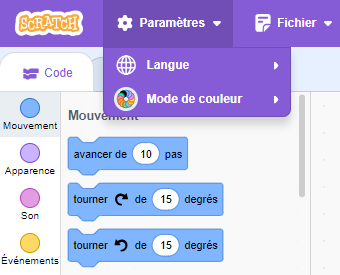 Le choix de la langue et le contraste des blocs se trouvent dans l'onglet « Paramètres ».