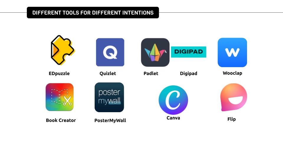 Title: Different Tools for Different Intentions
Logos of the various tools that you can explore in this online course.
