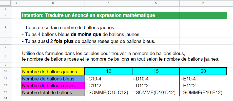 Même exemple que le précédent mais avec les formules visibles