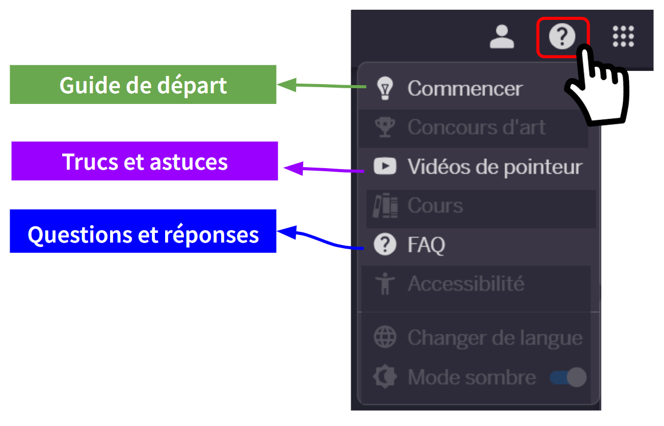 Copie d'écran montrant comment accéder à la section d'aide.