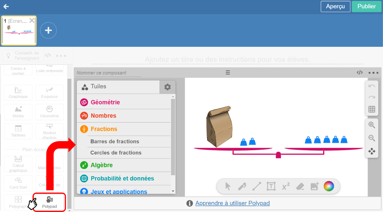 Polypad disponible comme tuile dans desmos classroom.