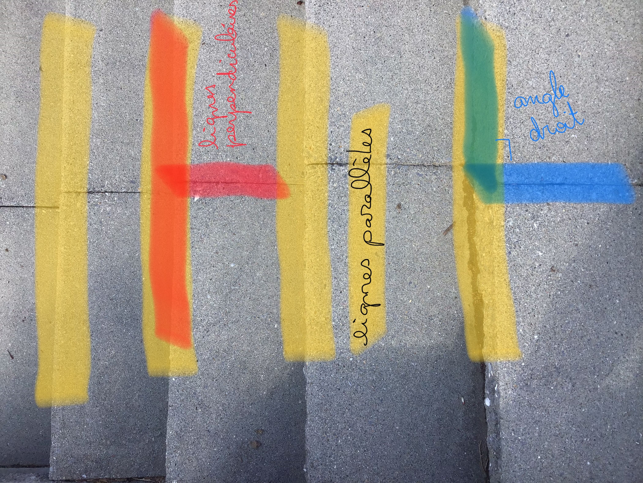Identification de lignes parallèles en jaune, de lignes perpendiculaires en rouge et d'un angle droit en bleu