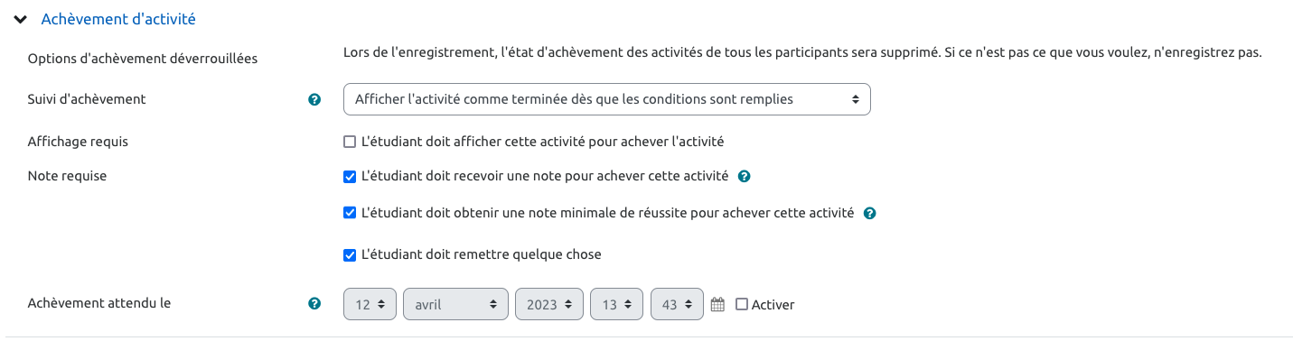 Capture d'écran des options possibles pour le suivi d'achèvement avec l'activité Devoir