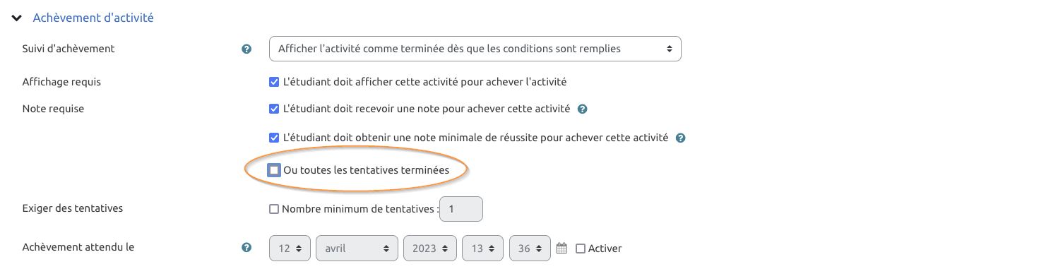 Capture d'écran des options de suivi d'achèvement pour les tests