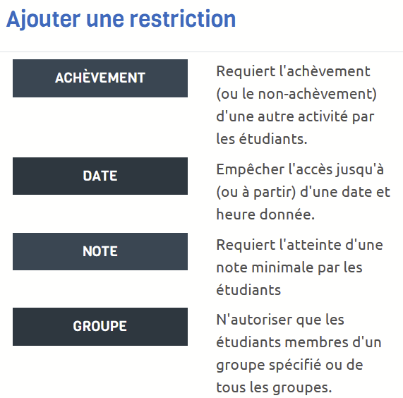 Les types de restrictions d'accès dans Moodle