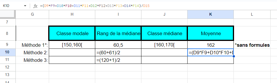 même exemple avec les formules visibles pour les calculs des mesures de tendance centrale quand c'est possible