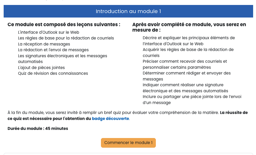 Capture d'écran de l'introduction du module 1