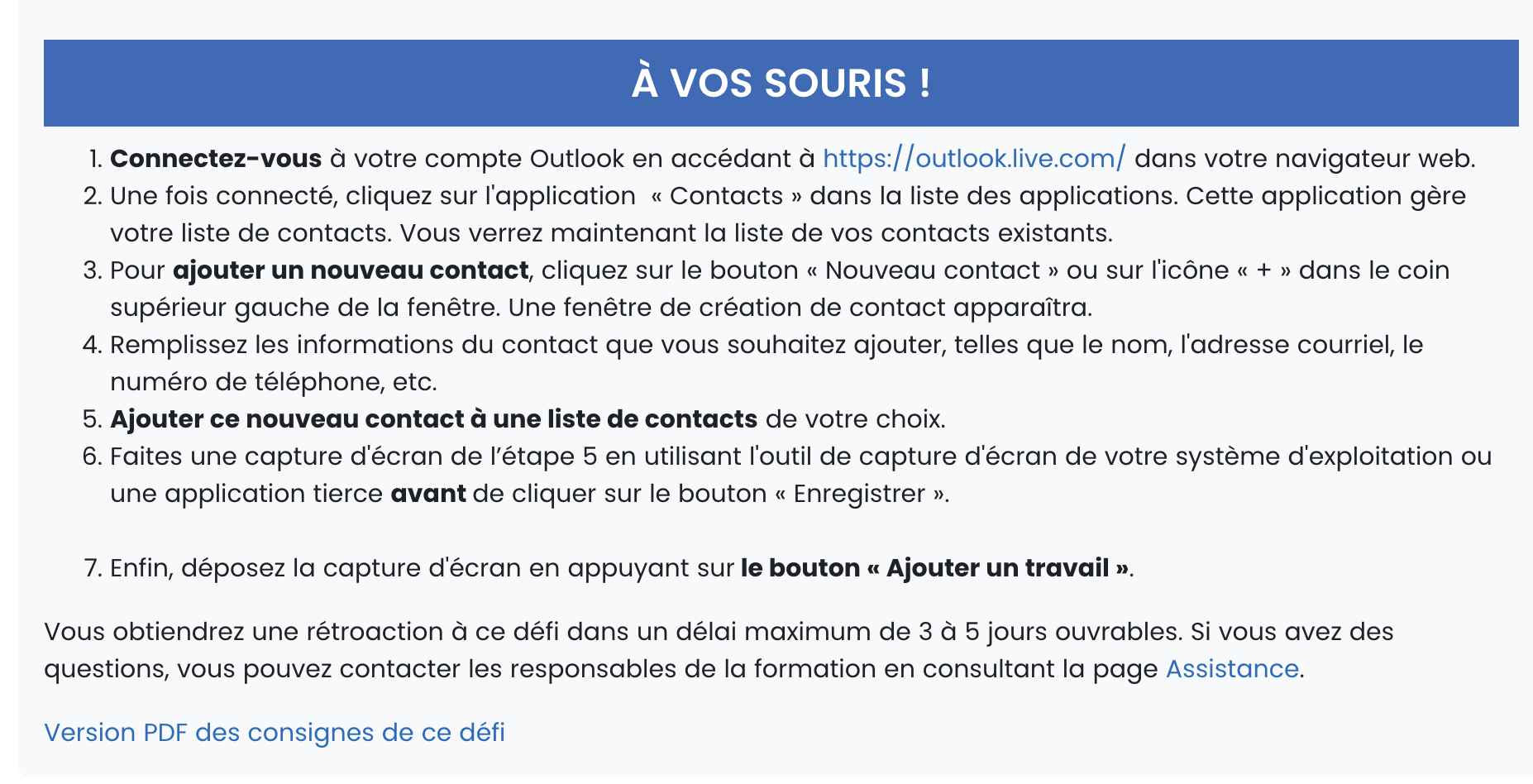 Capture d'écran d'un devoir