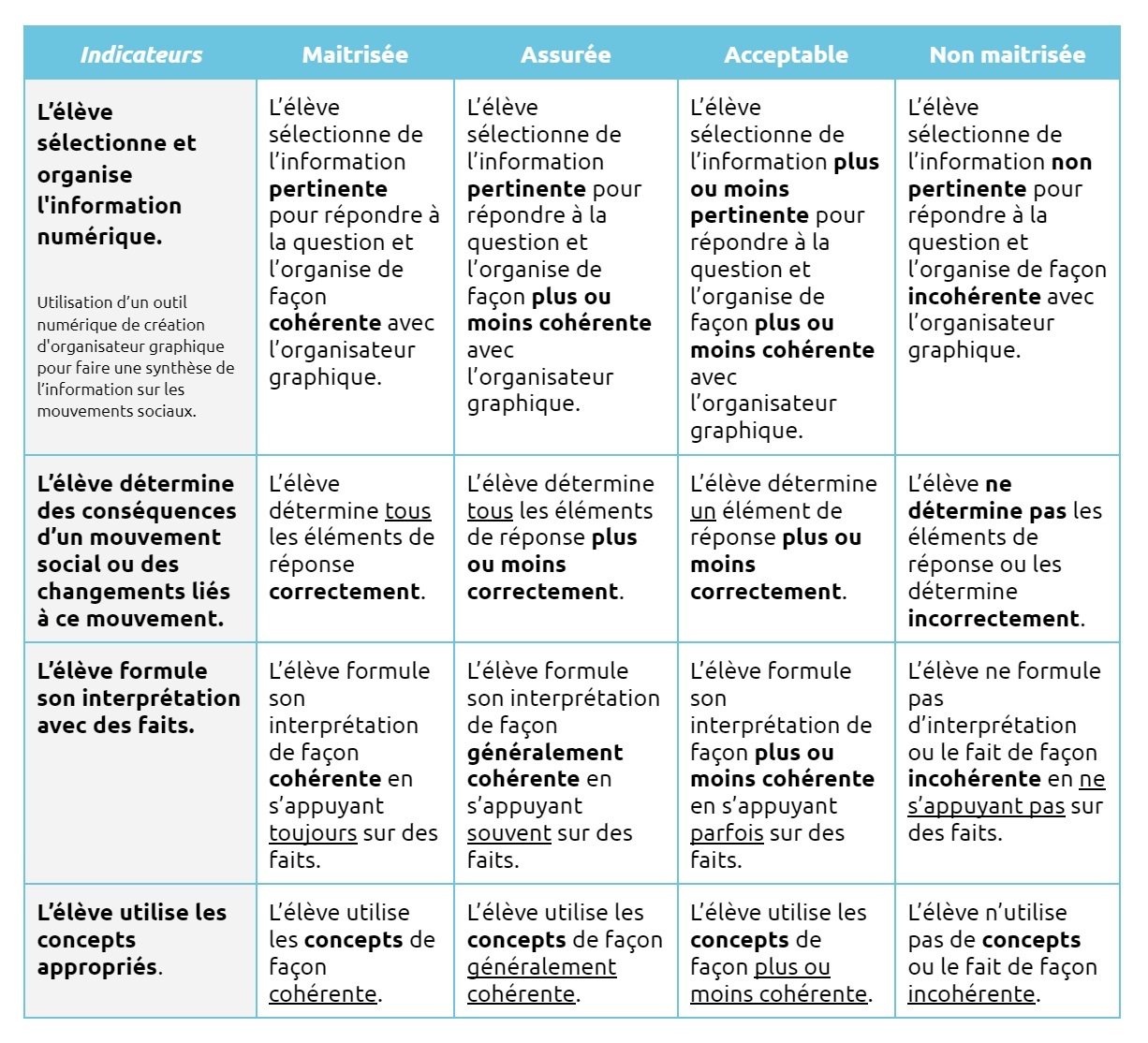 Exemple de grille d'évaluation pour activité de création d'organisateurs graphiques.