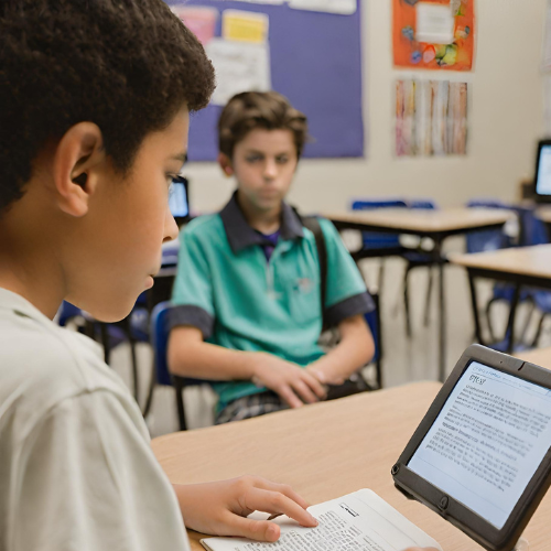 Élève de 12 ans qui se faire lire un texte par un lecteur d'écran dans une salle de classe.