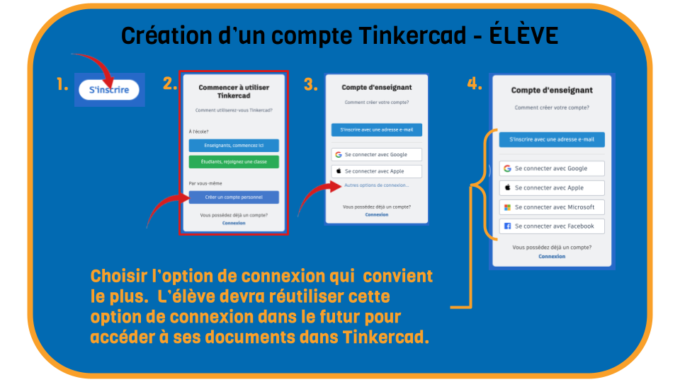 Étapes de création d'un compte élève dans Tinkercad