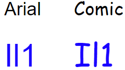 Capture d''écran des polices Arial et Comic avec les lettre i majuscule, l minuscule et le chiffre 1