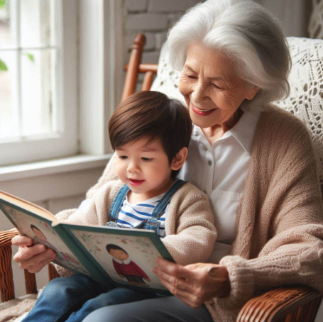 Grand-mère qui fait la lecture à son petit-fils