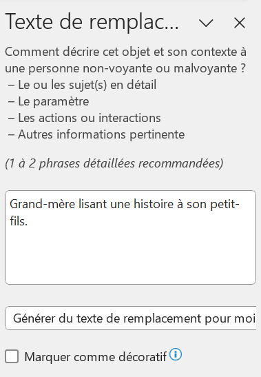 Capture d'écran démontrant l'ajout du texte de remplacement