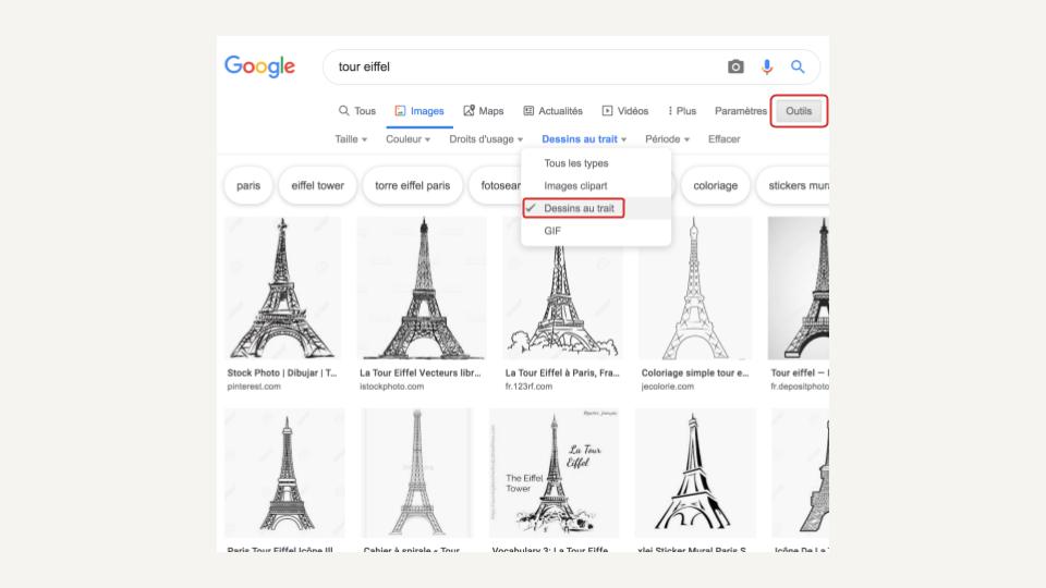 Capture d'écran du filtre « Dessins au trait » dans Google Images.