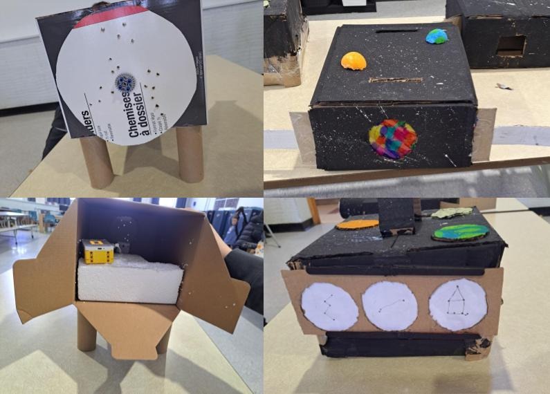 Exemples de productions d'élèves: boites avec un disque ou une bandelette de carton sur lesquelles des constellations sont représentées par des trous. Pour un exemple, on montre qu'à l'intérieur, le disque de carton est actionné par une brique Spike Prime.