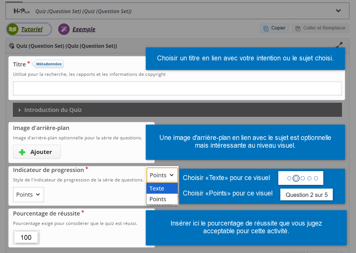 Titre, image d'arrière-plan, progression et %age de réussite.