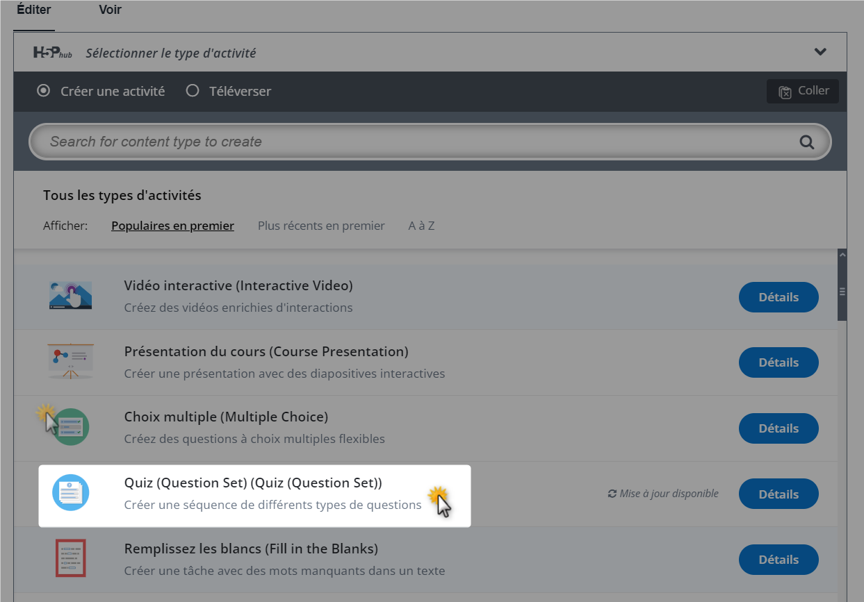 Choisir Quiz dans la liste des activités H5P