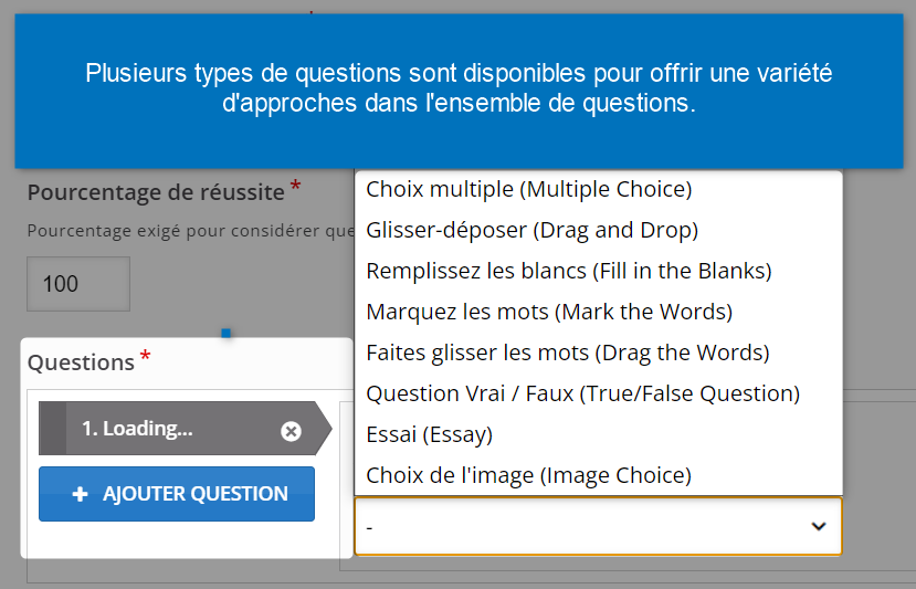 Liste des types de questions possibles à intégrer dans l'ensemble de questions.