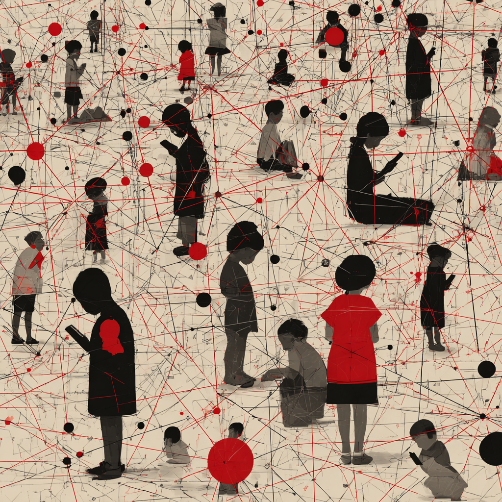 De jeunes adolescents sont asssi sur un fauteuil et consultent leur téléphones. Le titre : Grandir en ligne.