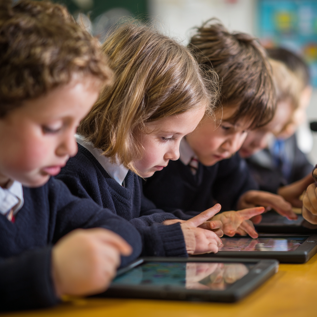 Des élèves du primaire qui réalisent une tâche sur iPad