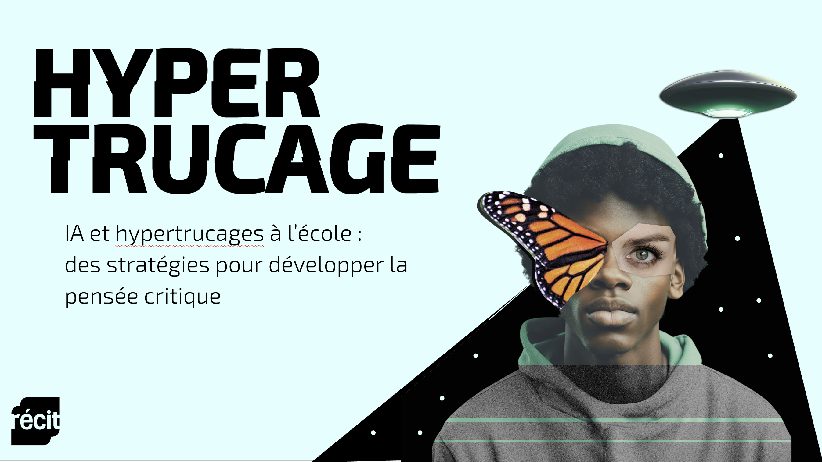 Un représentation d'un être humain hybridé avec un papillon et un ovni qui l'illumine