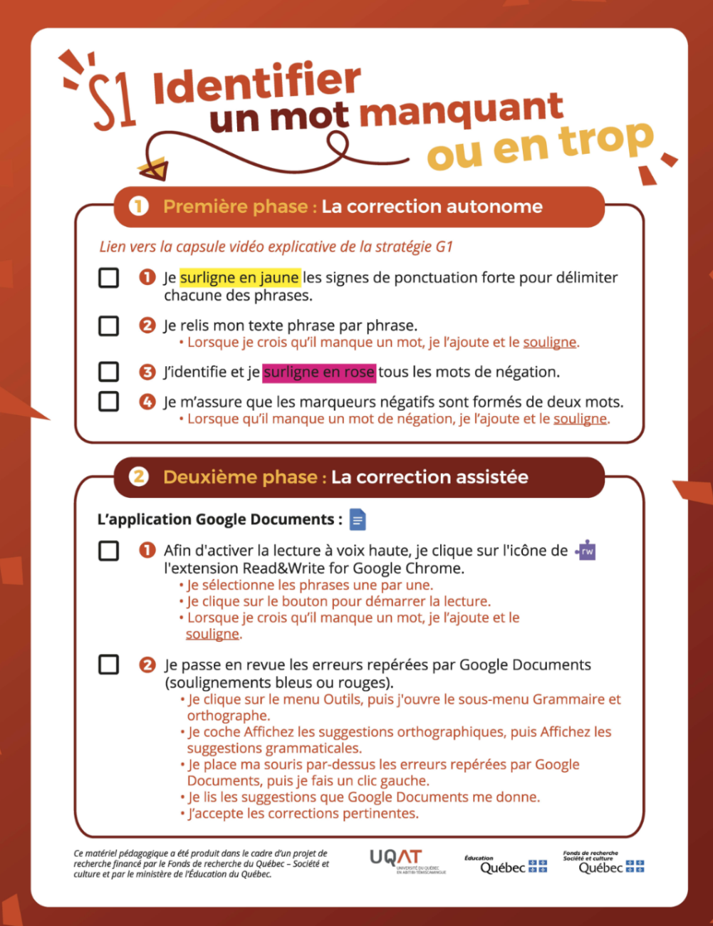 Visuel des étapes S1 identifier un mot manquant ou en trop