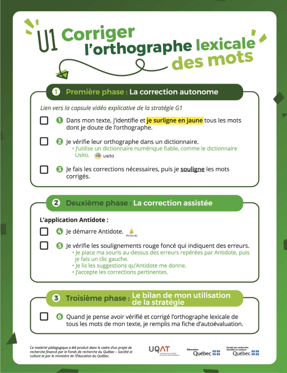 Visuel des étapes U1 relié à la correction et l'orthographe lexicale des mots