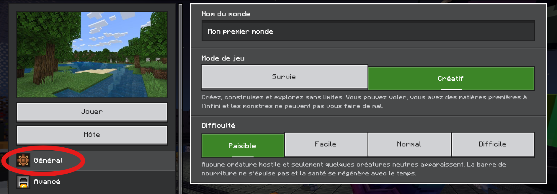 Visuel du menu général
