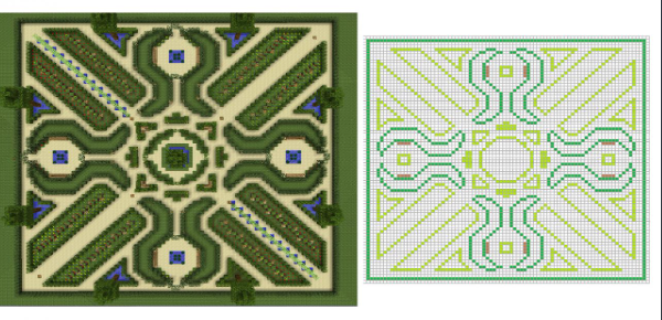Exemple de jardin à la français dans Minecraft et planification sur papier quadrillé. 