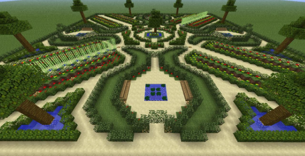 Exemple de jardin à la française dans Minecraft. 