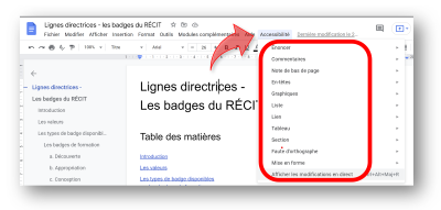 menu acessibilité dans un Google doc